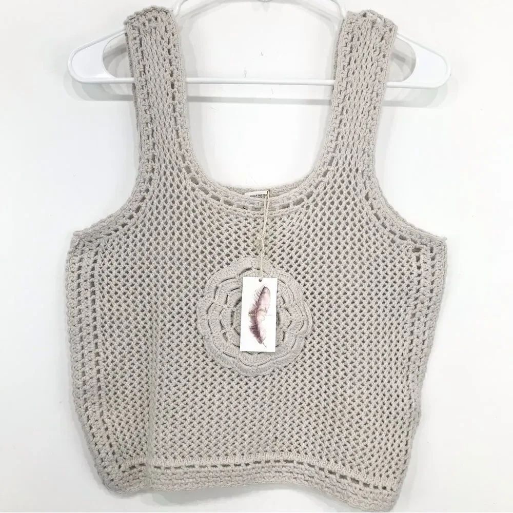 Jessica Simpson Creamy Tan Crochet Knit Boho Festival Crop Top NEW